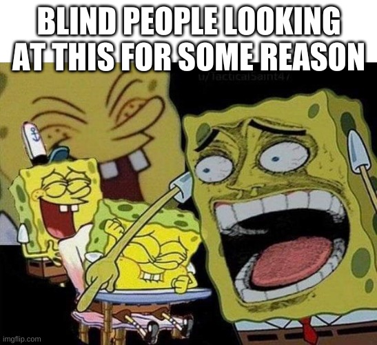 Spongebob laughing | BLIND PEOPLE LOOKING AT THIS FOR SOME REASON | image tagged in spongebob laughing | made w/ Imgflip meme maker