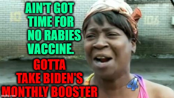 AIN'T GOT    
TIME FOR   
NO RABIES
VACCINE. GOTTA
TAKE BIDEN'S
MONTHLY BOOSTER | made w/ Imgflip meme maker
