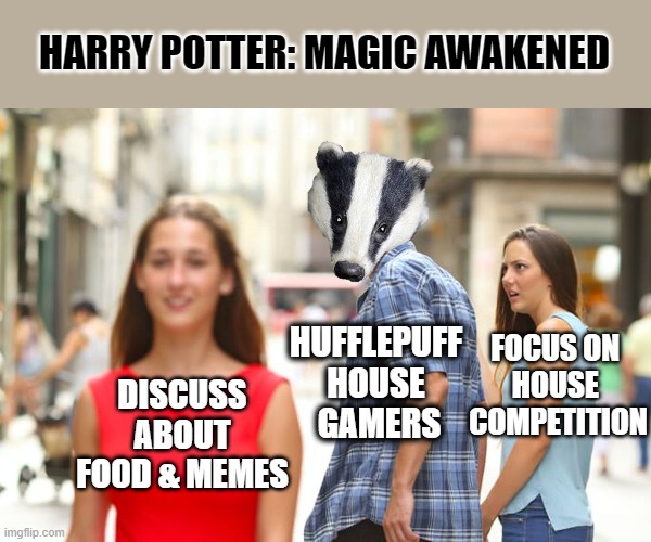 Hufflepuff gamers are chill | HARRY POTTER: MAGIC AWAKENED; FOCUS ON 
HOUSE 
COMPETITION; HUFFLEPUFF 
HOUSE 
GAMERS; DISCUSS ABOUT FOOD & MEMES | image tagged in memes,distracted boyfriend,harry potter,hufflepuff,badger | made w/ Imgflip meme maker