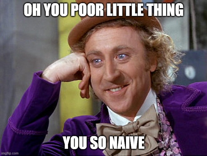 Big Willy Wonka Tell Me Again | OH YOU POOR LITTLE THING; YOU SO NAIVE | image tagged in big willy wonka tell me again | made w/ Imgflip meme maker