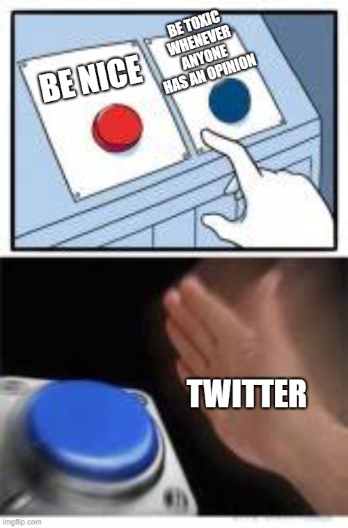 Red and Blue Buttons | BE NICE BE TOXIC WHENEVER ANYONE HAS AN OPINION TWITTER | image tagged in red and blue buttons | made w/ Imgflip meme maker