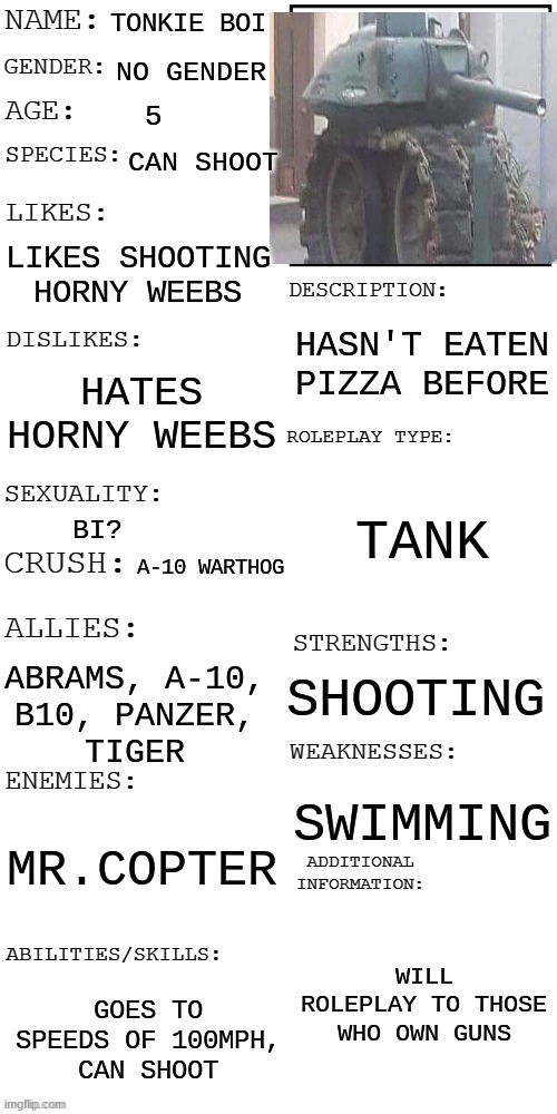 tonkie boi showcase | TONKIE BOI; NO GENDER; 5; CAN SHOOT; LIKES SHOOTING HORNY WEEBS; HASN'T EATEN PIZZA BEFORE; HATES HORNY WEEBS; TANK; BI? A-10 WARTHOG; SHOOTING; ABRAMS, A-10,
B10, PANZER,
TIGER; SWIMMING; MR.COPTER; WILL ROLEPLAY TO THOSE WHO OWN GUNS; GOES TO SPEEDS OF 100MPH,
CAN SHOOT | image tagged in updated roleplay oc showcase,showcase,rp,tonk | made w/ Imgflip meme maker