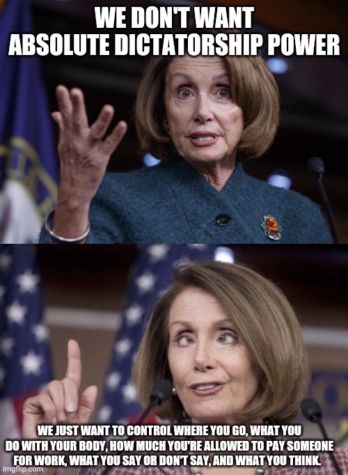 WE DON'T WANT ABSOLUTE DICTATORSHIP POWER WE JUST WANT TO CONTROL WHERE YOU GO, WHAT YOU DO WITH YOUR BODY, HOW MUCH YOU'RE ALLOWED TO PAY S | image tagged in good old nancy pelosi,nancy pelosi | made w/ Imgflip meme maker