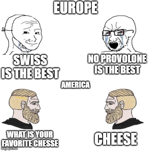 Cheese is the best cheese | EUROPE; SWISS IS THE BEST; NO PROVOLONE IS THE BEST; AMERICA; CHEESE; WHAT IS YOUR FAVORITE CHESSE | image tagged in chad we know | made w/ Imgflip meme maker