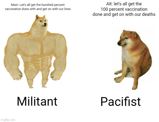 That's Just The Way That It Goes And Nobody Knows Everyday Our Confusion Grows | Alt: let's all get the 100 percent vaccination done and get on with our deaths; Main: Let's all get the hundred percent vaccination done with and get on with our lives; Militant; Pacifist | image tagged in memes,buff doge vs cheems | made w/ Imgflip meme maker