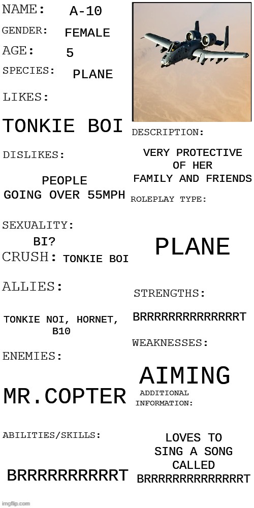 a-10 | A-10; FEMALE; 5; PLANE; TONKIE BOI; VERY PROTECTIVE OF HER FAMILY AND FRIENDS; PEOPLE GOING OVER 55MPH; PLANE; BI? TONKIE BOI; BRRRRRRRRRRRRRRT; TONKIE NOI, HORNET,
B10; AIMING; MR.COPTER; LOVES TO SING A SONG CALLED
BRRRRRRRRRRRRRRT; BRRRRRRRRRRT | image tagged in updated roleplay oc showcase,a-10,brrt,rp | made w/ Imgflip meme maker