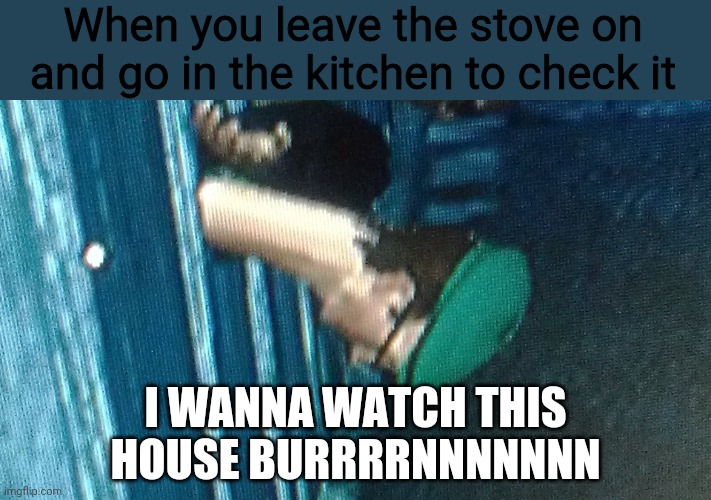 Heh | When you leave the stove on and go in the kitchen to check it; I WANNA WATCH THIS HOUSE BURRRRNNNNNNN | image tagged in saints row the third - head stuck in fence | made w/ Imgflip meme maker