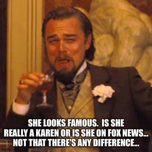 Laughing Leo Meme | SHE LOOKS FAMOUS.  IS SHE REALLY A KAREN OR IS SHE ON FOX NEWS...
NOT THAT THERE'S ANY DIFFERENCE... | image tagged in memes,laughing leo | made w/ Imgflip meme maker