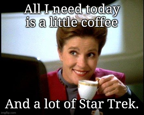 Coffee and Star Trek | All I need today is a little coffee; And a lot of Star Trek. | image tagged in captain janeway coffee cup,memes,coffee,star trek | made w/ Imgflip meme maker