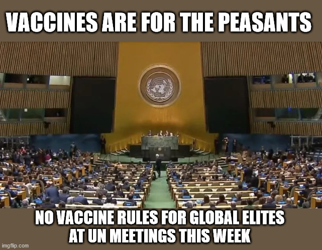Vaccines Are for the peasants | VACCINES ARE FOR THE PEASANTS; NO VACCINE RULES FOR GLOBAL ELITES
 AT UN MEETINGS THIS WEEK | image tagged in united nations,joe biden | made w/ Imgflip meme maker
