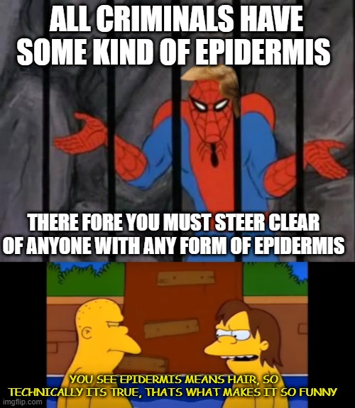 never gunna.... |  ALL CRIMINALS HAVE SOME KIND OF EPIDERMIS; THERE FORE YOU MUST STEER CLEAR OF ANYONE WITH ANY FORM OF EPIDERMIS; YOU SEE EPIDERMIS MEANS HAIR, SO TECHNICALLY ITS TRUE, THATS WHAT MAKES IT SO FUNNY | image tagged in spiderman jail,nelson,simpsons,nelson pool | made w/ Imgflip meme maker
