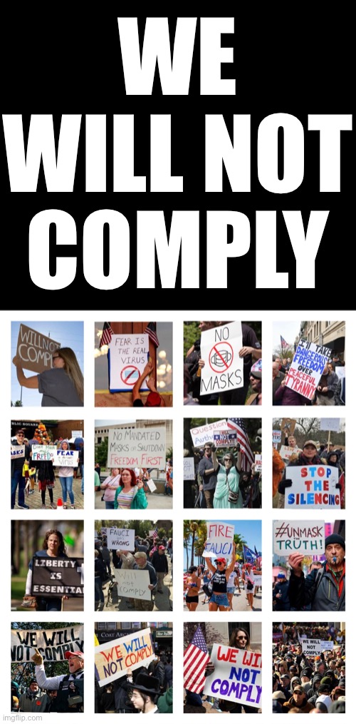 We will not comply | WE WILL NOT COMPLY | image tagged in we will not comply | made w/ Imgflip meme maker
