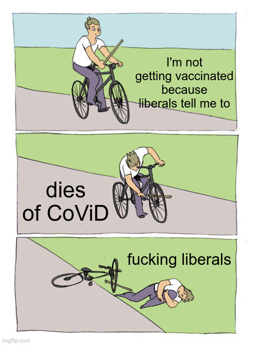 Bike Fall Meme | I'm not getting vaccinated because liberals tell me to; dies of CoViD; fucking liberals | image tagged in memes,bike fall | made w/ Imgflip meme maker