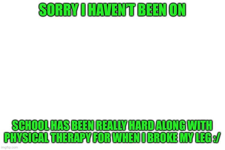 :/ it’s been tough | SORRY I HAVEN’T BEEN ON; SCHOOL HAS BEEN REALLY HARD ALONG WITH PHYSICAL THERAPY FOR WHEN I BROKE MY LEG :/ | image tagged in rip,sorry | made w/ Imgflip meme maker