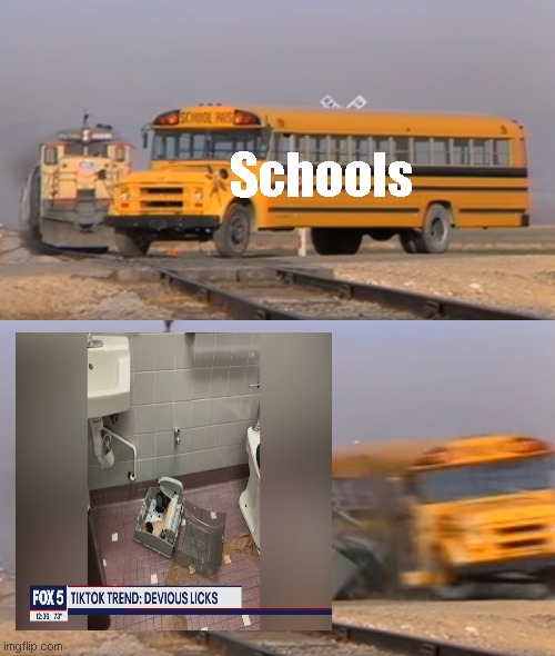 uh oh. | Schools | image tagged in a train hitting a school bus | made w/ Imgflip meme maker