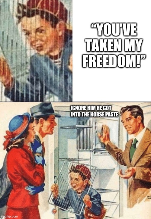 Self Persecution Fridge Kid | “YOU’VE TAKEN MY FREEDOM!”; IGNORE HIM HE GOT INTO THE HORSE PASTE | image tagged in self persecution fridge kid | made w/ Imgflip meme maker