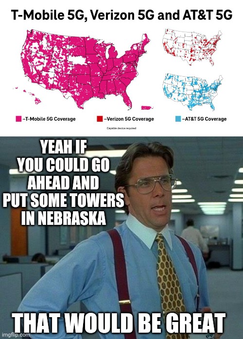 NEBRASKA MUST NOT USE CELL PHONES |  YEAH IF YOU COULD GO AHEAD AND PUT SOME TOWERS IN NEBRASKA; THAT WOULD BE GREAT | image tagged in memes,that would be great,verizon,5g,cell phones,nebraska | made w/ Imgflip meme maker