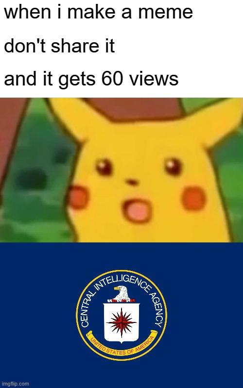 Who's watching me? | when i make a meme; don't share it; and it gets 60 views | image tagged in memes,surprised pikachu,central intelligence agency cia,funny | made w/ Imgflip meme maker