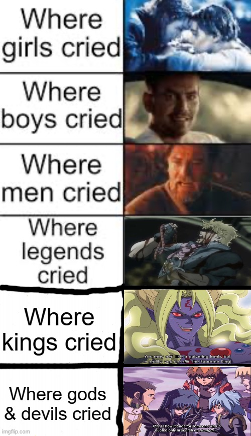 There's more sad anime moments than you think... | Where kings cried; Where gods & devils cried | image tagged in where legends cried,plain white,yugioh,jojo's bizarre adventure,memes,shizaa | made w/ Imgflip meme maker
