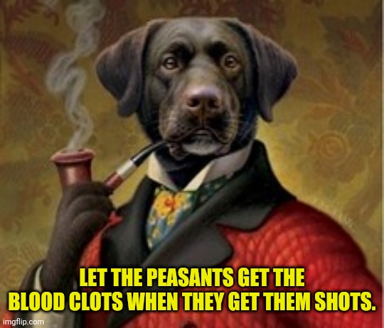 Fancy Dog Vaccine Blood Clots | LET THE PEASANTS GET THE BLOOD CLOTS WHEN THEY GET THEM SHOTS. | image tagged in fancy dog,vaccine,blood clot | made w/ Imgflip meme maker