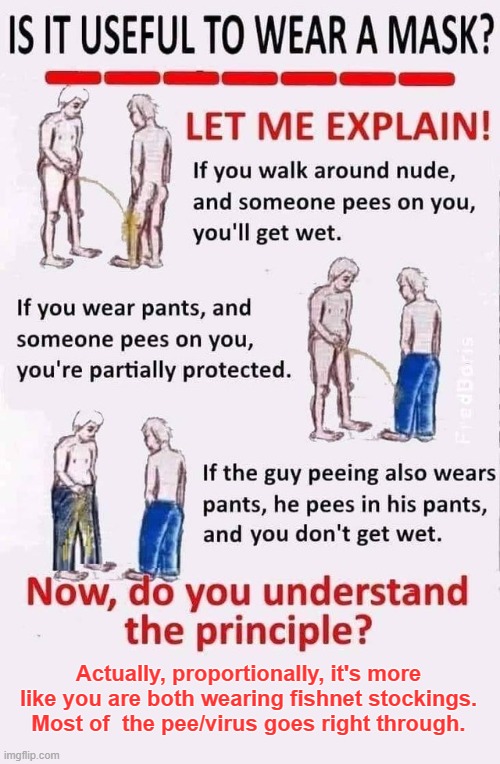 The Pee meme | Actually, proportionally, it's more like you are both wearing fishnet stockings. Most of  the pee/virus goes right through. | image tagged in the misleading pee meme | made w/ Imgflip meme maker