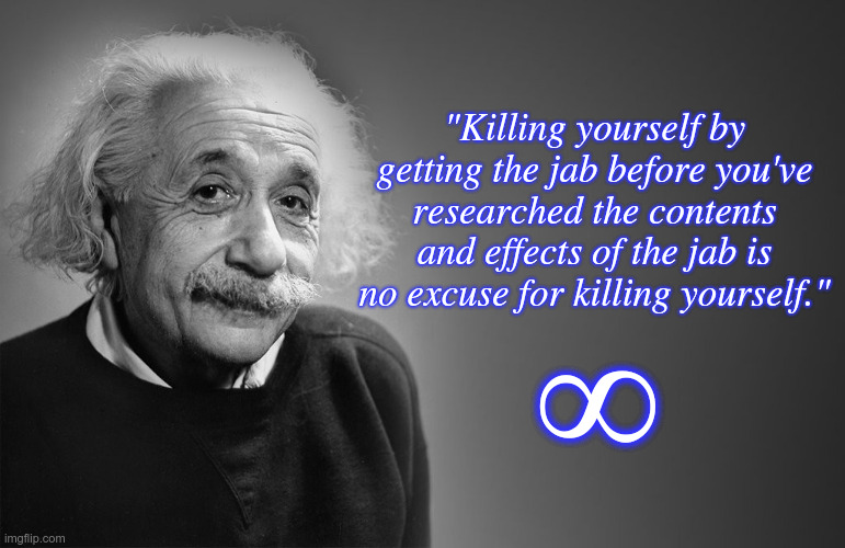 Take the effort to do some homework before transmuting yourself to infinity and beyond.. | "Killing yourself by getting the jab before you've researched the contents and effects of the jab is no excuse for killing yourself."; ∞ | image tagged in albert einstein quotes,words of wisdom,antivax | made w/ Imgflip meme maker