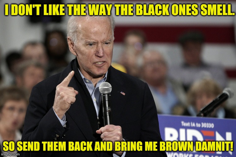Joe Biden Angry | I DON'T LIKE THE WAY THE BLACK ONES SMELL. SO SEND THEM BACK AND BRING ME BROWN DAMNIT! | image tagged in joe biden angry | made w/ Imgflip meme maker