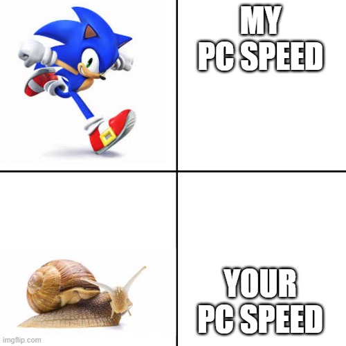 Sonic vs snail | MY PC SPEED; YOUR PC SPEED | image tagged in sonic vs snail,pc,sonic the hedgehog,snail | made w/ Imgflip meme maker