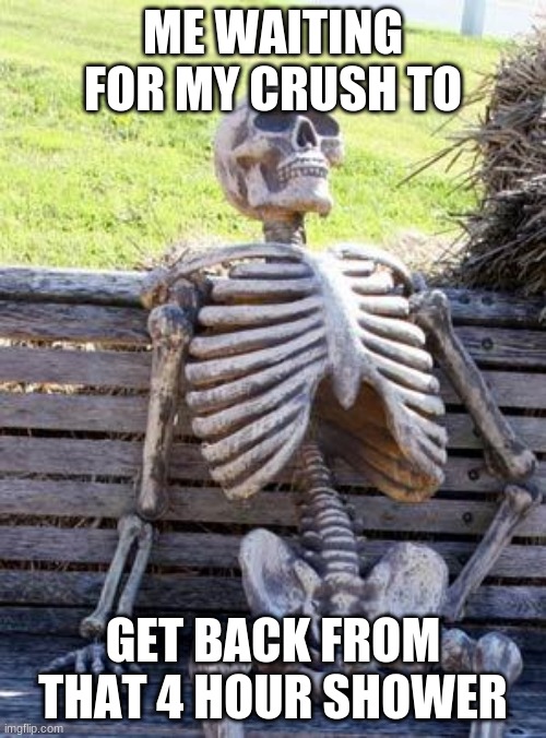 Waiting Skeleton Meme | ME WAITING FOR MY CRUSH TO; GET BACK FROM THAT 4 HOUR SHOWER | image tagged in memes,waiting skeleton | made w/ Imgflip meme maker