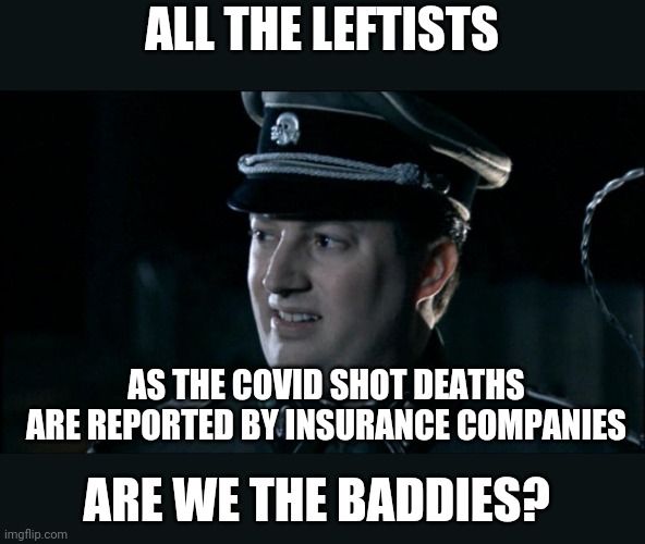 Are we the baddies? | ALL THE LEFTISTS; AS THE COVID SHOT DEATHS ARE REPORTED BY INSURANCE COMPANIES; ARE WE THE BADDIES? | image tagged in are we the baddies | made w/ Imgflip meme maker