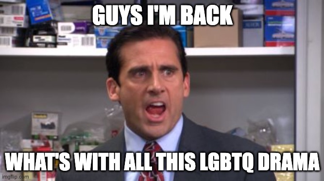 Bro what | GUYS I'M BACK; WHAT'S WITH ALL THIS LGBTQ DRAMA | image tagged in the office bankruptcy | made w/ Imgflip meme maker