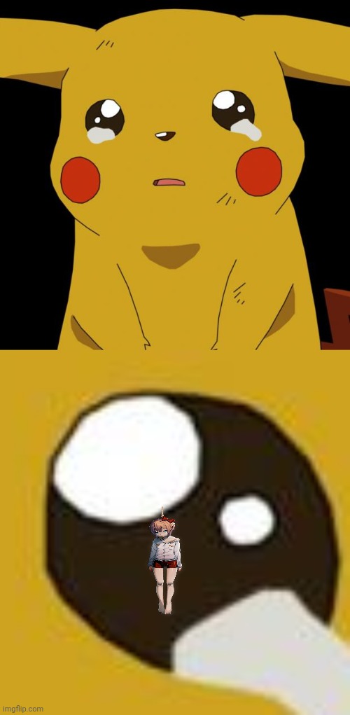 Pikachu is sad seeing sayori hang herself | image tagged in pikachu crying,sayori | made w/ Imgflip meme maker