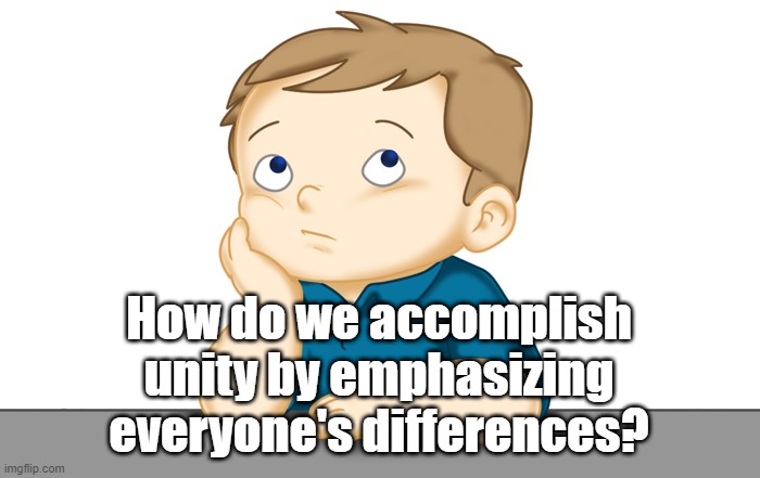Thinking boy |  How do we accomplish unity by emphasizing everyone's differences? | image tagged in thinking boy | made w/ Imgflip meme maker