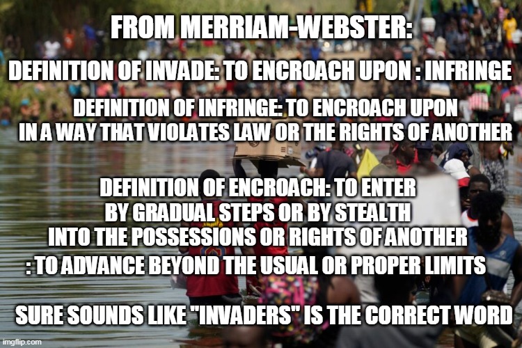 Yes, They Are Invaders | FROM MERRIAM-WEBSTER:; DEFINITION OF INVADE: TO ENCROACH UPON : INFRINGE; DEFINITION OF INFRINGE: TO ENCROACH UPON IN A WAY THAT VIOLATES LAW OR THE RIGHTS OF ANOTHER; DEFINITION OF ENCROACH: TO ENTER BY GRADUAL STEPS OR BY STEALTH INTO THE POSSESSIONS OR RIGHTS OF ANOTHER; : TO ADVANCE BEYOND THE USUAL OR PROPER LIMITS; SURE SOUNDS LIKE "INVADERS" IS THE CORRECT WORD | image tagged in invaders,texas border,texas bridge | made w/ Imgflip meme maker