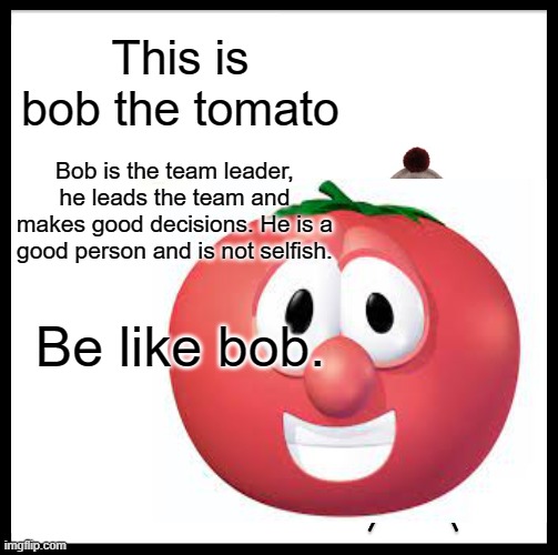 Meet bob | This is bob the tomato; Bob is the team leader, he leads the team and makes good decisions. He is a good person and is not selfish. Be like bob. | image tagged in team | made w/ Imgflip meme maker