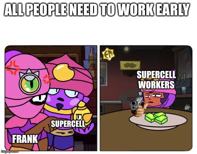 Brawl stars supercell workers | brawl Stars meme | ALL PEOPLE NEED TO WORK EARLY; SUPERCELL WORKERS; SUPERCELL; FRANK | image tagged in brawl stars | made w/ Imgflip meme maker