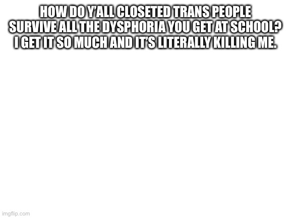 Blank White Template | HOW DO Y’ALL CLOSETED TRANS PEOPLE SURVIVE ALL THE DYSPHORIA YOU GET AT SCHOOL? I GET IT SO MUCH AND IT’S LITERALLY KILLING ME. | image tagged in blank white template | made w/ Imgflip meme maker