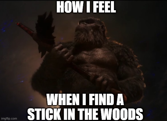 When I find a stick in the woods, I feel like King Kong finding his axe | HOW I FEEL; WHEN I FIND A STICK IN THE WOODS | image tagged in godzilla vs kong,king kong,kong,axe,cave | made w/ Imgflip meme maker