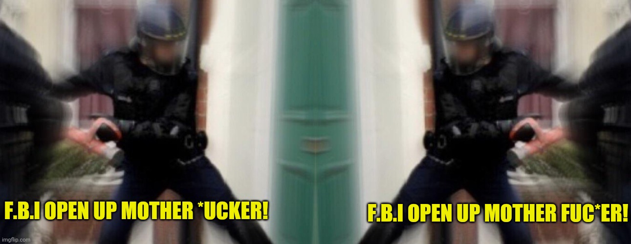 F.B.I OPEN UP MOTHER *UCKER! F.B.I OPEN UP MOTHER FUC*ER! | image tagged in fbi door breach | made w/ Imgflip meme maker