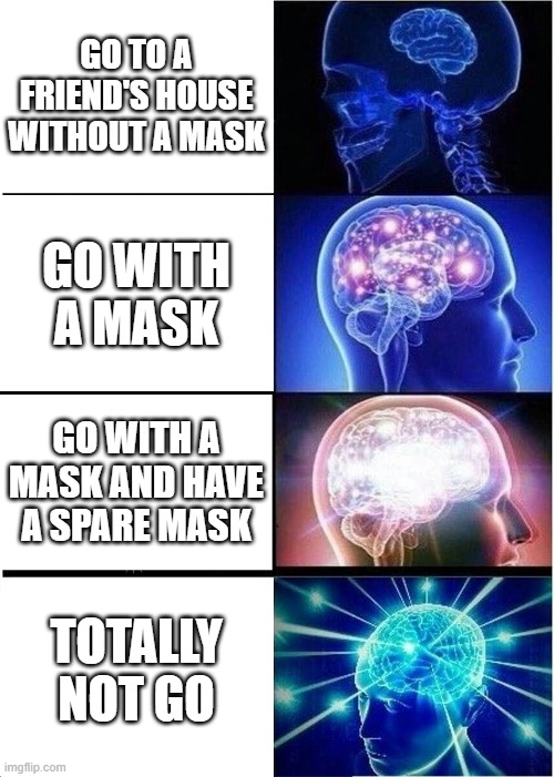 Expanding Brain Meme | GO TO A FRIEND'S HOUSE WITHOUT A MASK; GO WITH A MASK; GO WITH A MASK AND HAVE A SPARE MASK; TOTALLY NOT GO | image tagged in memes,expanding brain | made w/ Imgflip meme maker