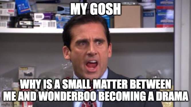 bruh | MY GOSH; WHY IS A SMALL MATTER BETWEEN ME AND WONDERBOO BECOMING A DRAMA | image tagged in the office bankruptcy | made w/ Imgflip meme maker