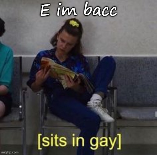 Sits in gay | E im bacc | image tagged in sits in gay | made w/ Imgflip meme maker