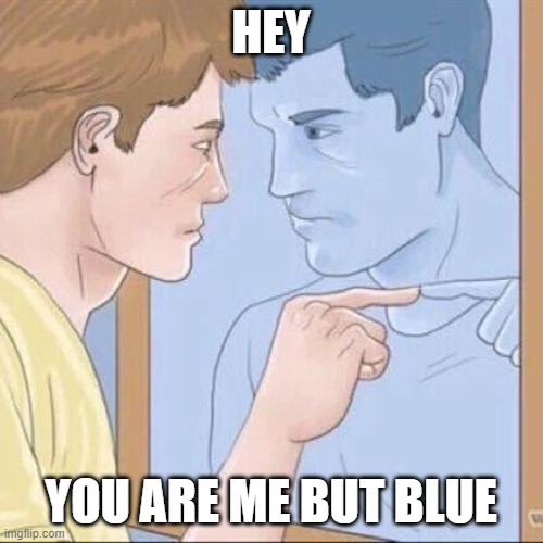 Pointing mirror guy | HEY YOU ARE ME BUT BLUE | image tagged in pointing mirror guy | made w/ Imgflip meme maker