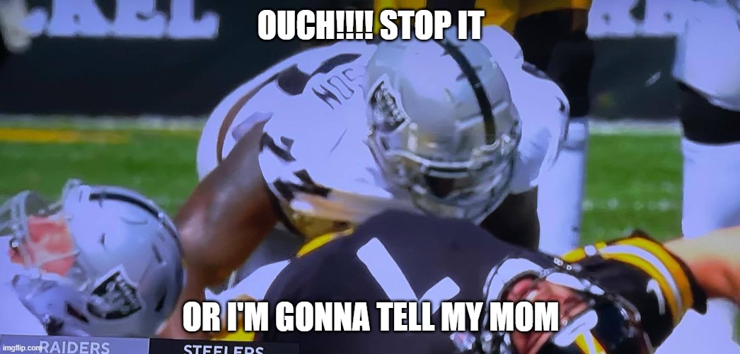 Raiders | OUCH!!!! STOP IT; OR I'M GONNA TELL MY MOM | image tagged in sports fans | made w/ Imgflip meme maker