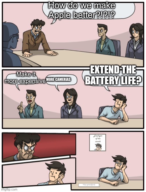 Boardroom Meeting Unexpected Ending | How do we make Apple better?!?!? Make it more expensive MORE CAMERIAS EXTEND THE BATTERY LIFE? | image tagged in boardroom meeting unexpected ending | made w/ Imgflip meme maker