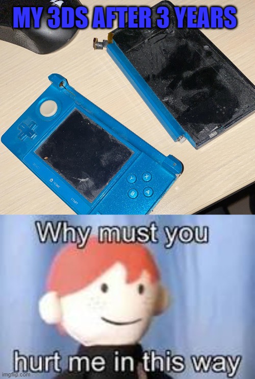 MY 3DS AFTER 3 YEARS | image tagged in broken nintendo 3ds,why must you hurt me in this way | made w/ Imgflip meme maker