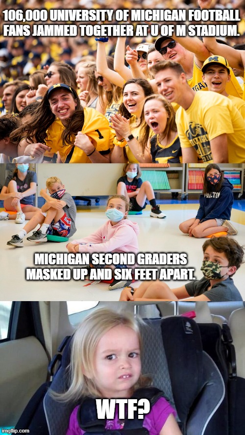 Does This Make Any Sense? |  106,000 UNIVERSITY OF MICHIGAN FOOTBALL FANS JAMMED TOGETHER AT U OF M STADIUM. MICHIGAN SECOND GRADERS MASKED UP AND SIX FEET APART. WTF? | image tagged in wtf girl,michigan football,michigan,covid-19,masks,schools | made w/ Imgflip meme maker