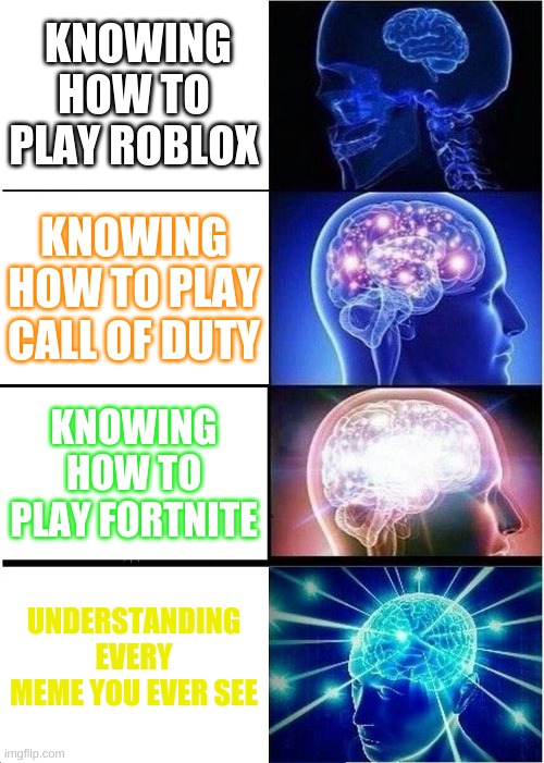 So, this is how it works... | KNOWING HOW TO PLAY ROBLOX; KNOWING HOW TO PLAY CALL OF DUTY; KNOWING HOW TO PLAY FORTNITE; UNDERSTANDING EVERY MEME YOU EVER SEE | image tagged in memes,expanding brain | made w/ Imgflip meme maker