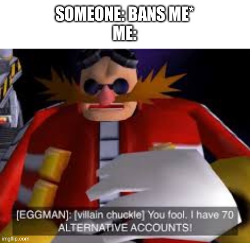 Eggman Alternative Accounts | SOMEONE: BANS ME*
ME: | image tagged in eggman alternative accounts | made w/ Imgflip meme maker
