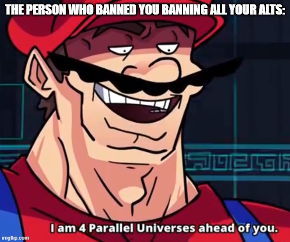 I Am 4 Parallel Universes Ahead Of You | THE PERSON WHO BANNED YOU BANNING ALL YOUR ALTS: | image tagged in i am 4 parallel universes ahead of you | made w/ Imgflip meme maker